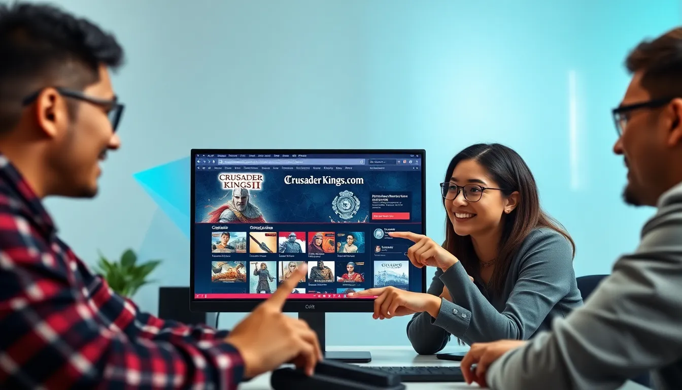 gamers collaborating over computer displaying Ck2generator.com.