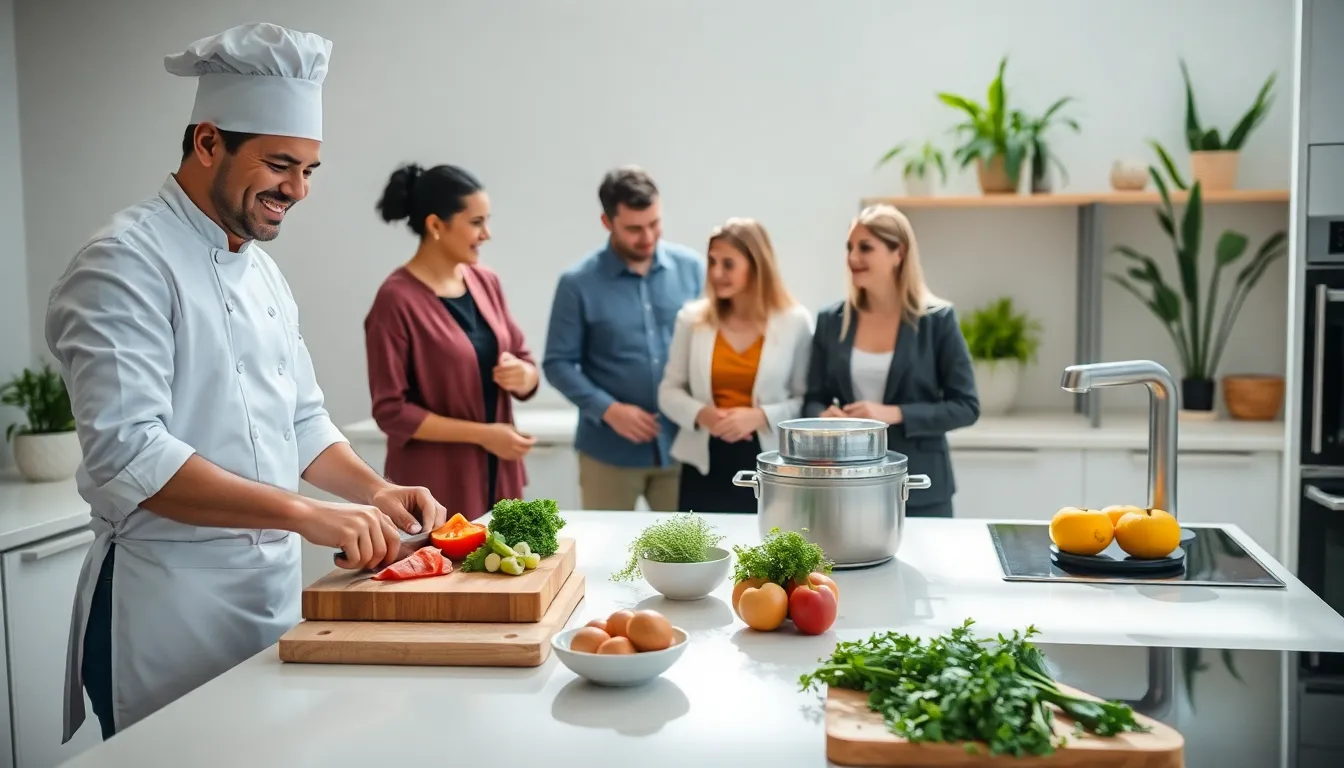 diverse chefs demonstrating healthy cooking techniques in a modern kitchen.