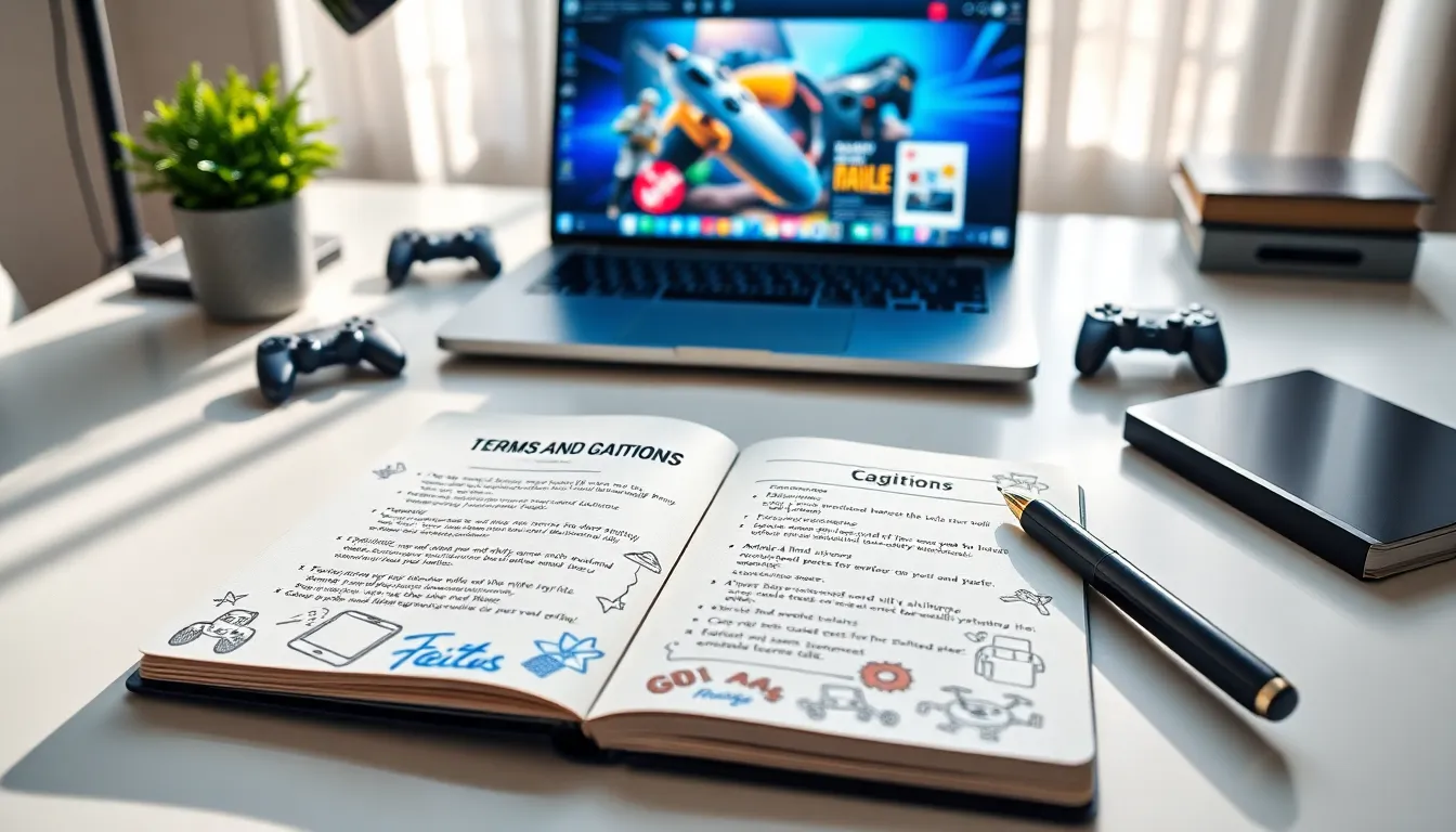 an open notebook with gaming terms and conditions on a modern desk.