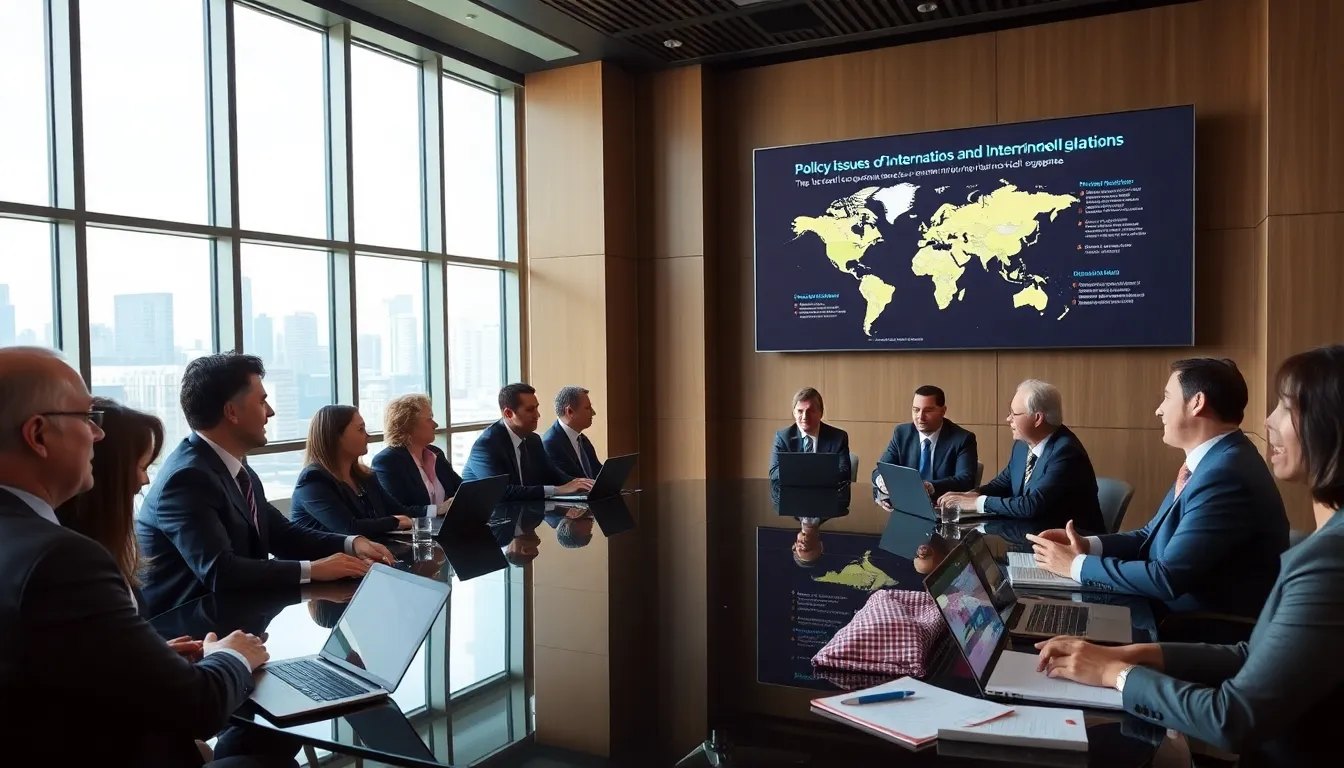 diverse professionals discussing global issues in a modern conference room.