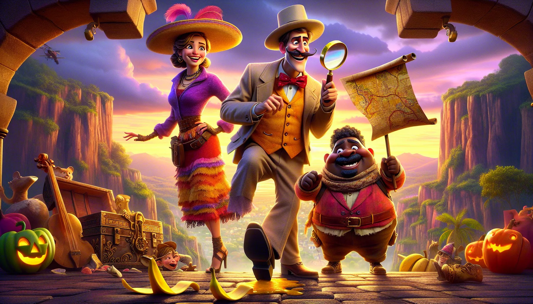 diverse characters in a whimsical adventure movie scene.