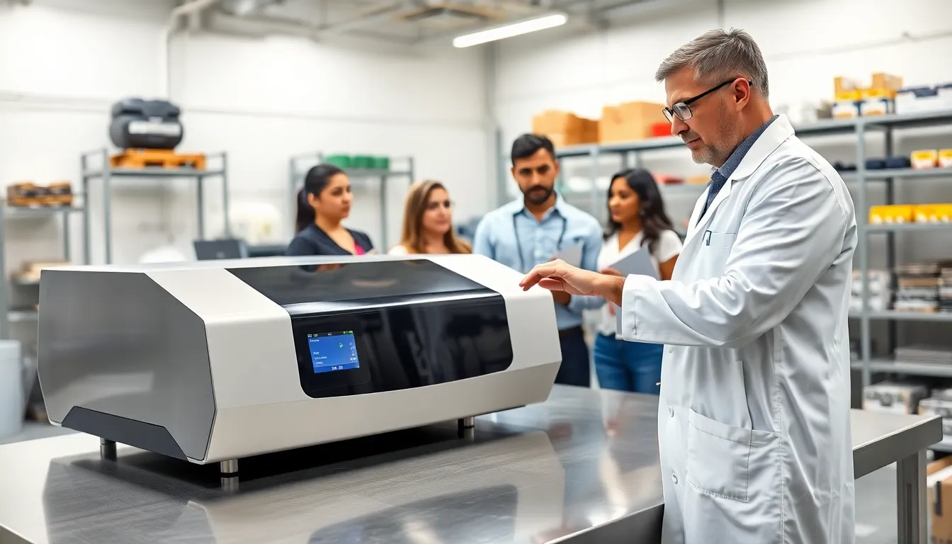 operator using a modern laser coding machine in an industrial setting.