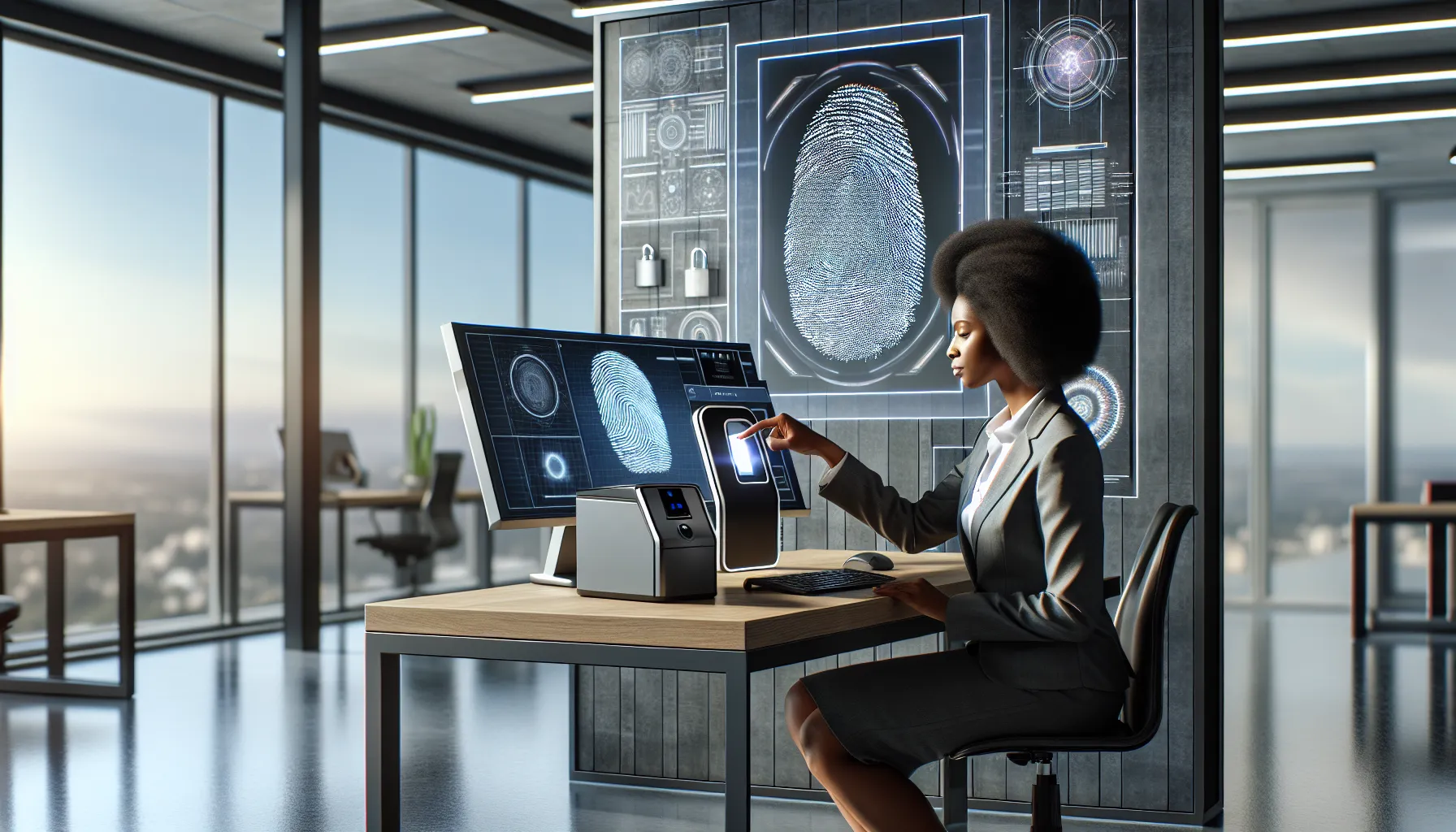 A woman operates a biometric fingerprint scanner in a modern office.