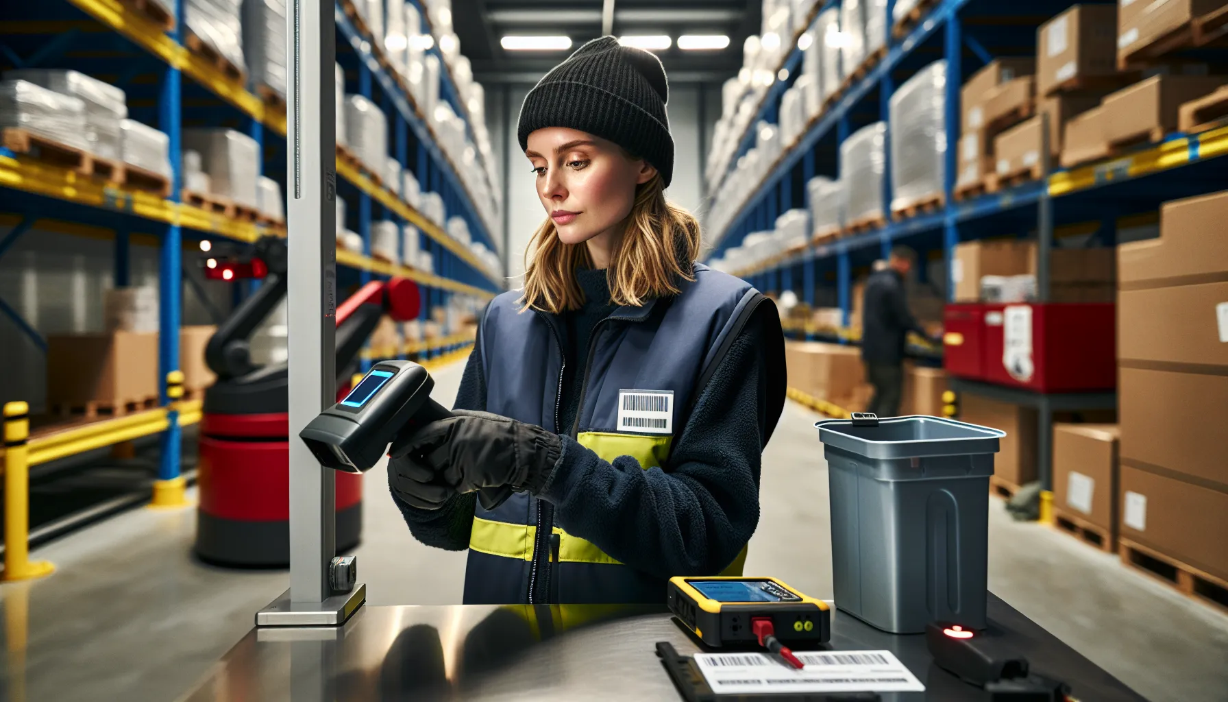 Norwegian warehouse worker scans a tote as robots and dashboards run behind.