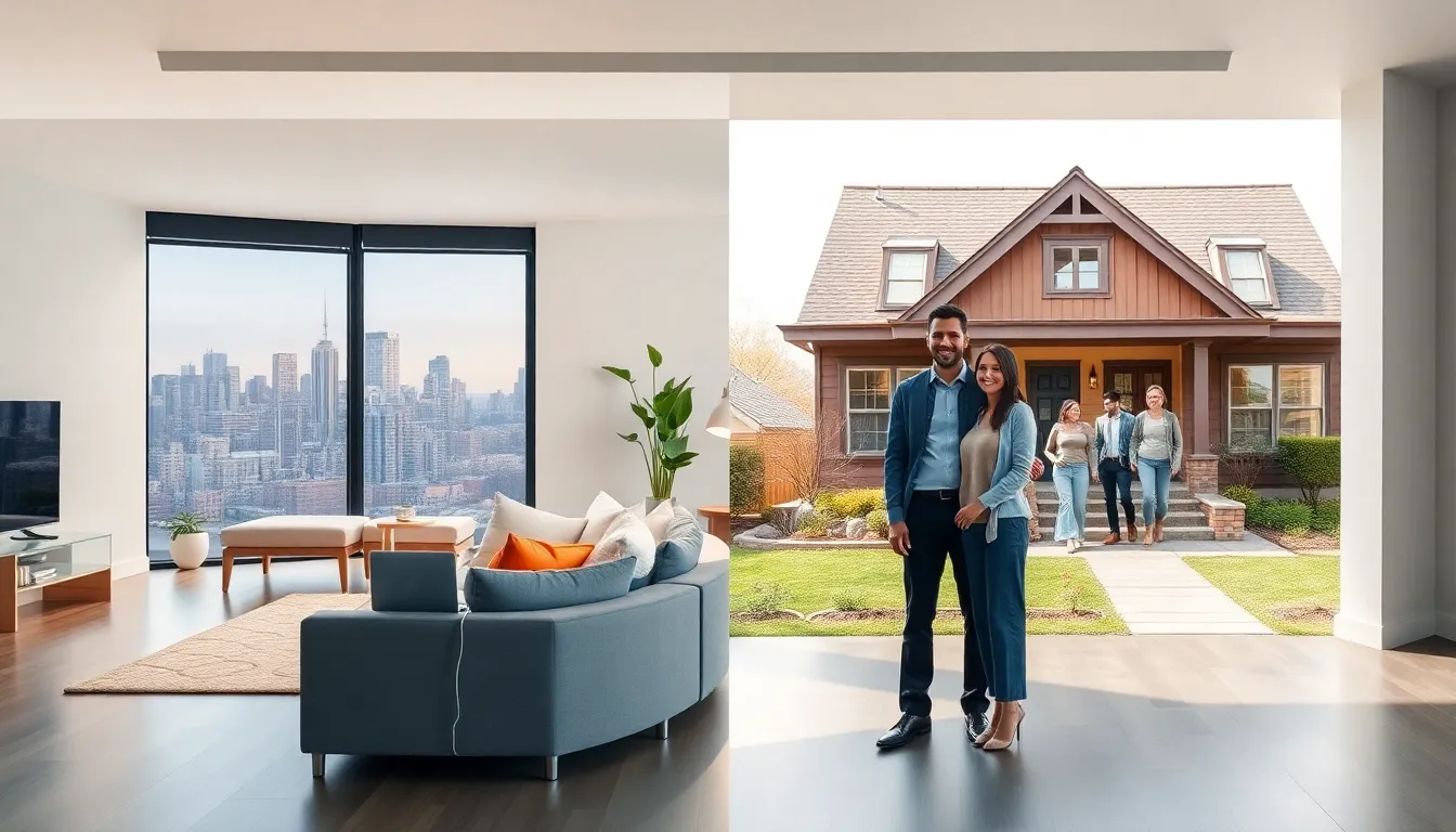 split image showing an apartment and a house for housing options.
