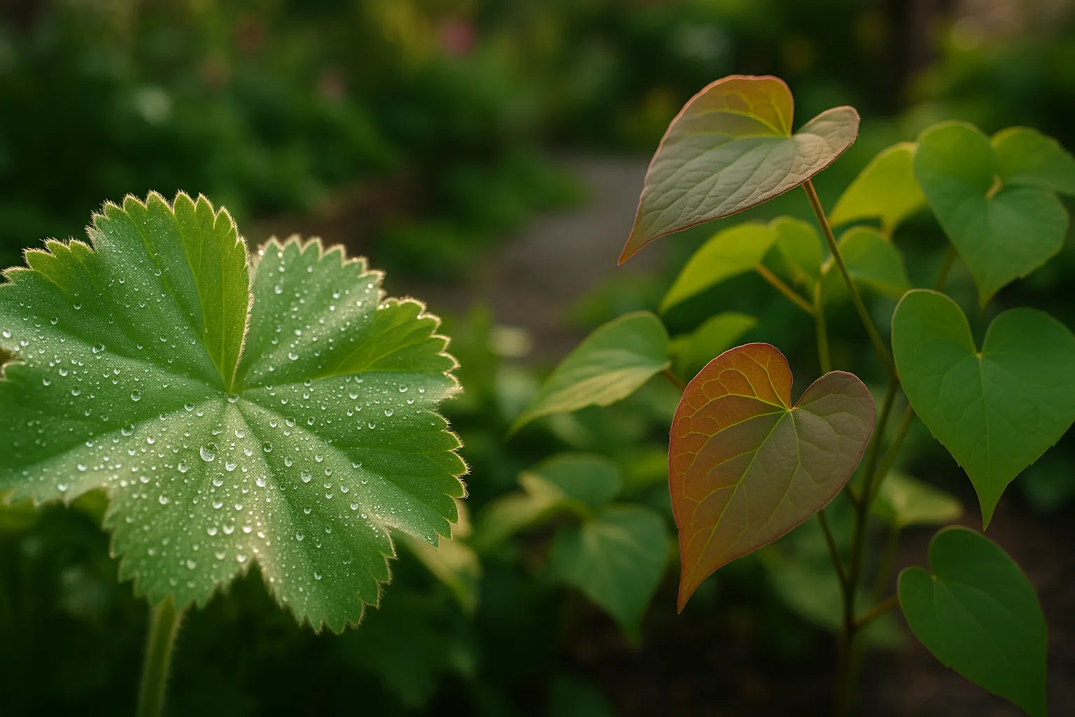 Close-up comparison of dew-covered Alchemilla and heart-shaped Epimedium leaves