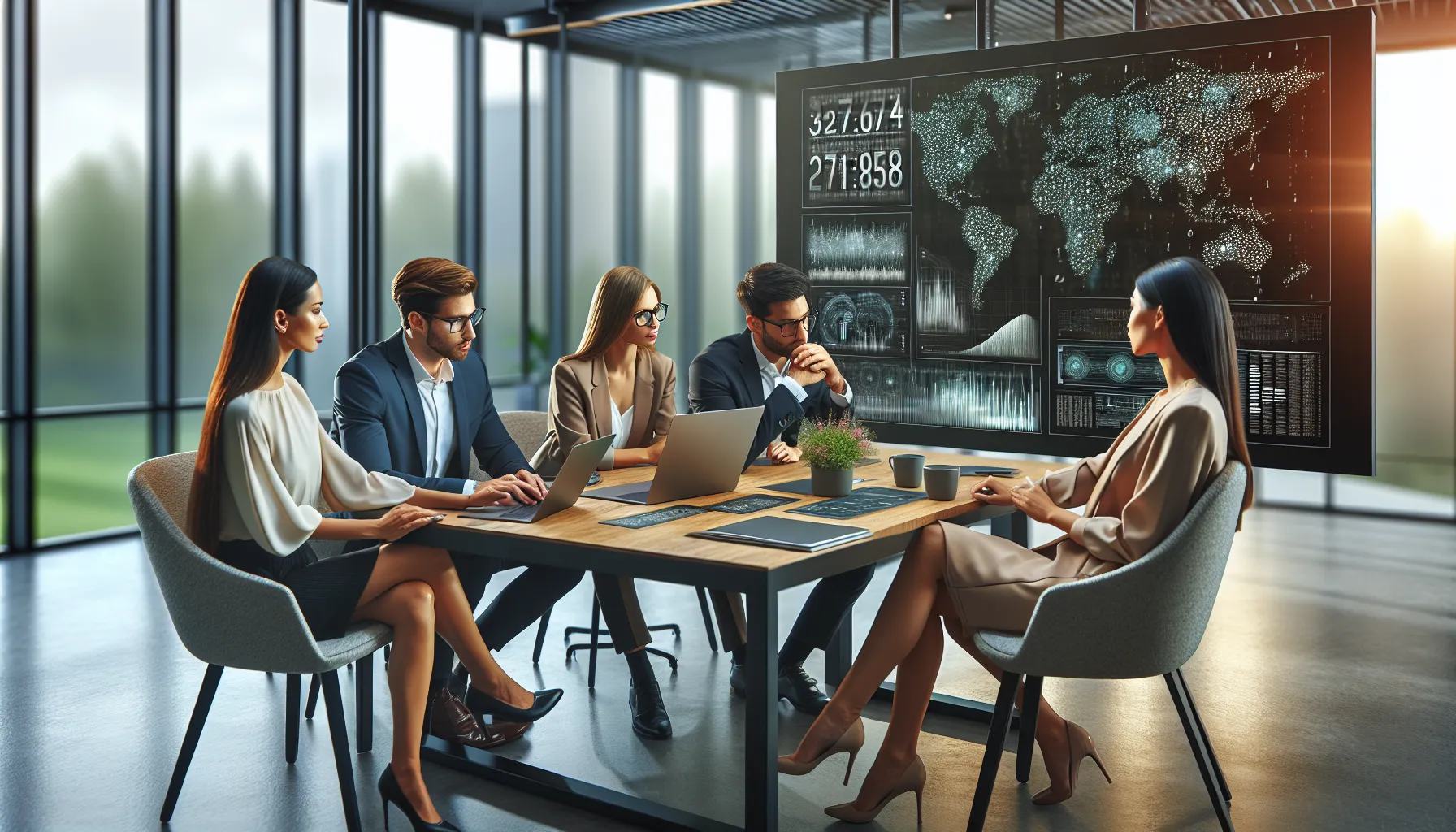 professionals discussing data analytics in a modern office.