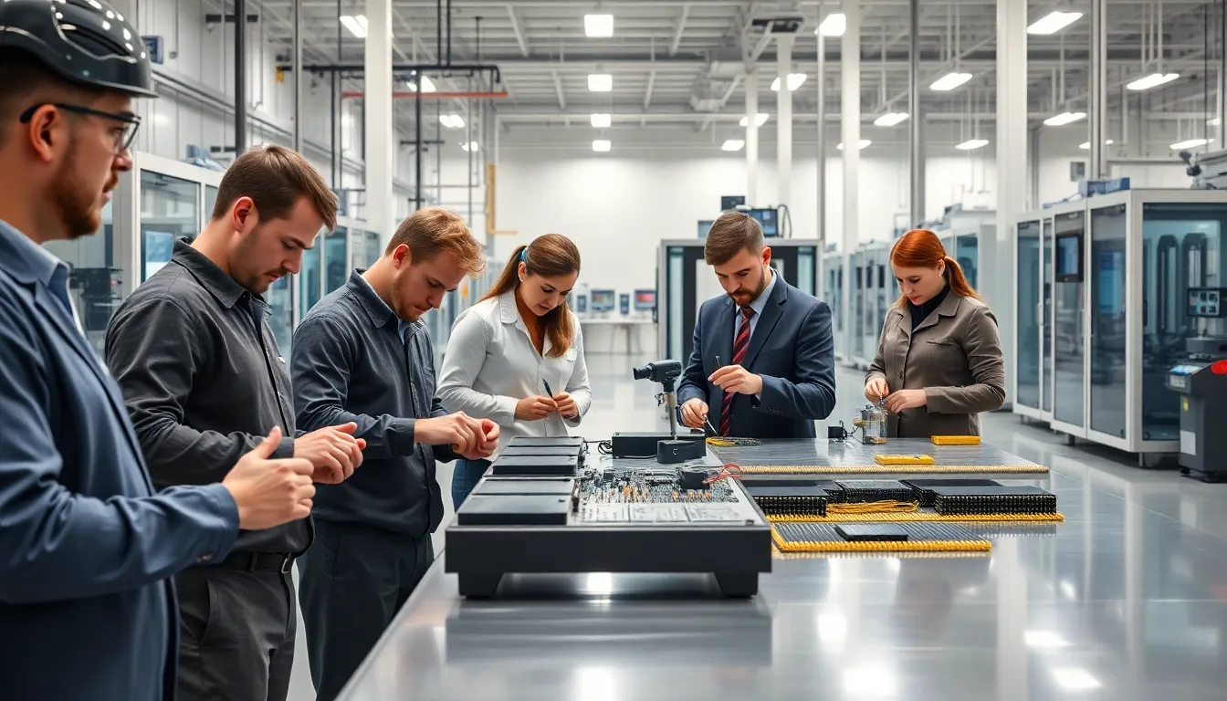 Engineers inspecting pogo pins in a modern American manufacturing facility.