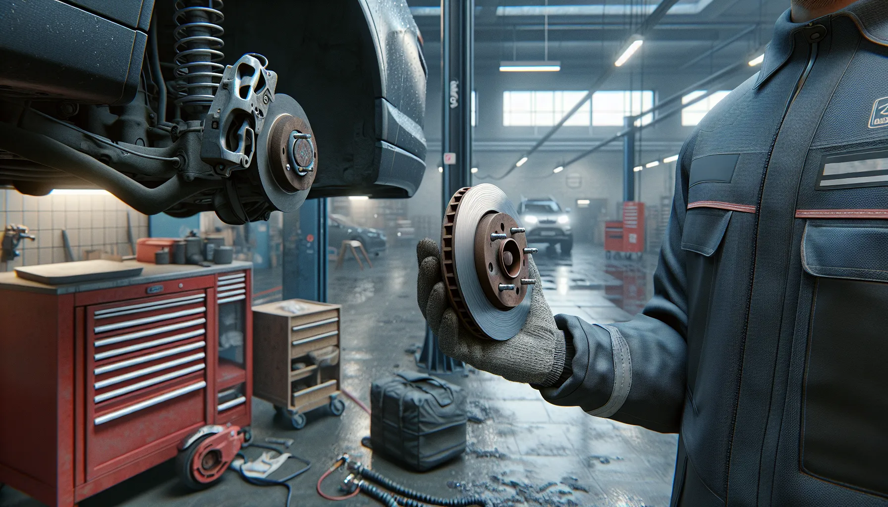 Når bør du bytte bremseklosser? Tegn på slitasje du må kjenne til 1 Mechanic showing a thin, worn brake pad next to a heated, grooved brake disc.