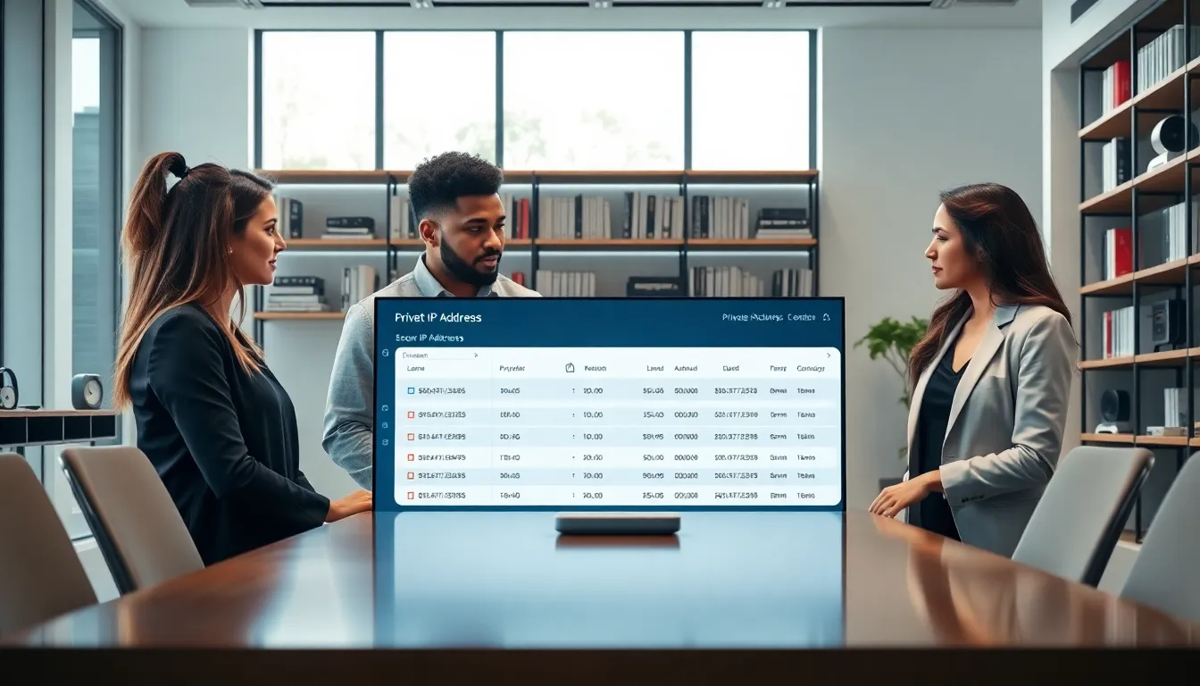 diverse IT team discussing private IP addresses in a modern office.