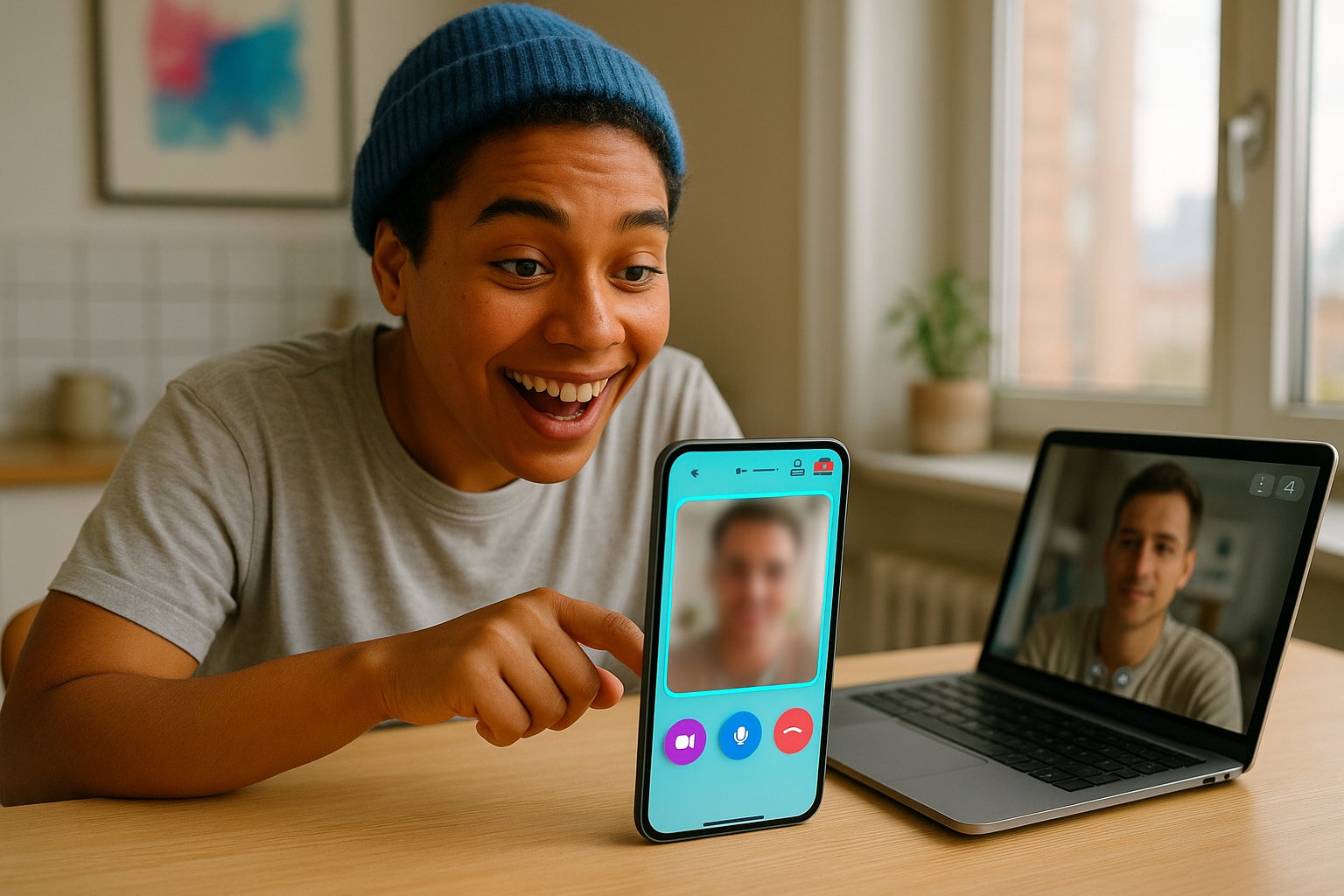 Person tapping phone to start a quick one-on-one video chat.