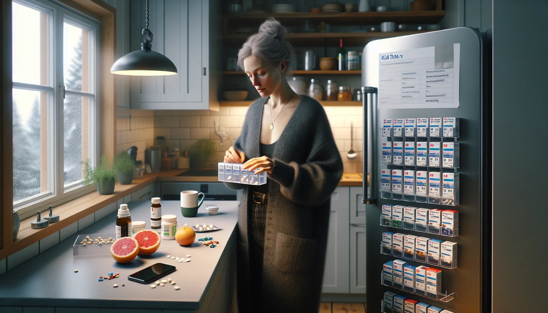 Norwegian woman checks dosett and med list with phone reminder in kitchen.