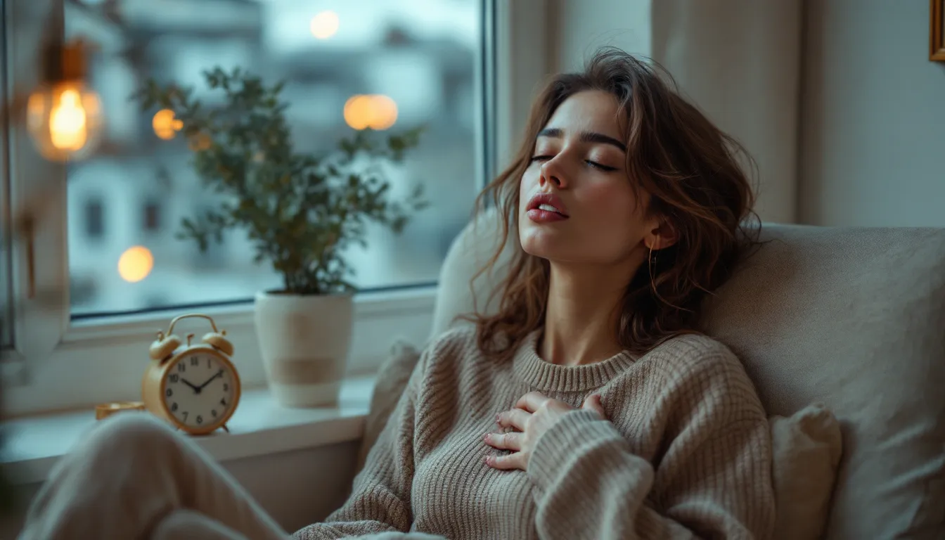 Woman yawning in a cozy living room at twilight near a clock showing bedtime.