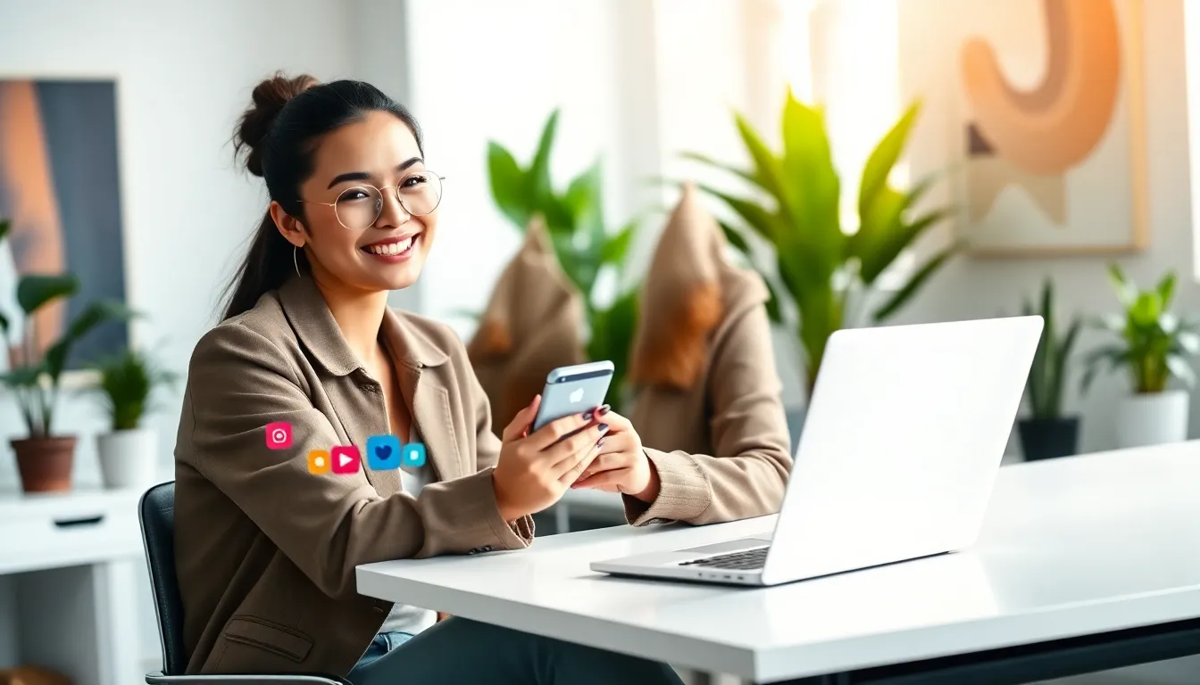 content creator engaging with her audience in a modern workspace.