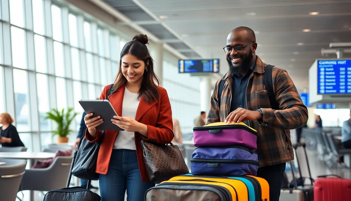 group of travelers organizing luggage and itineraries in a modern airport lounge.