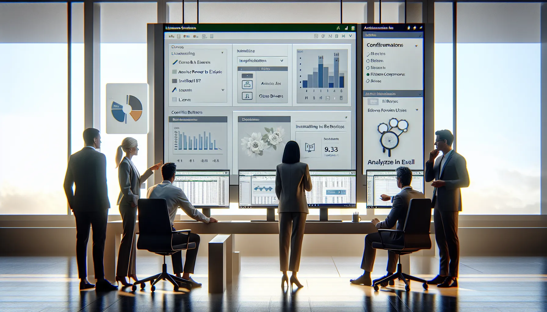 IT and analytics team configuring Power BI Analyze in Excel in a modern office.