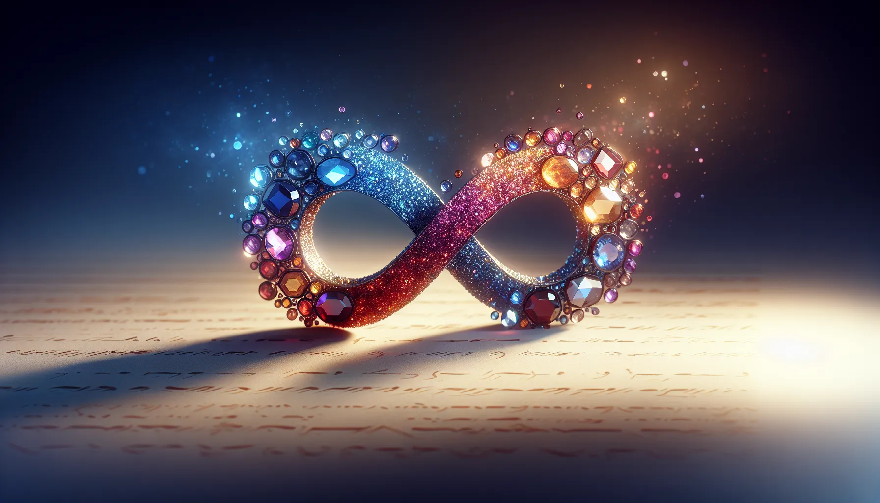 Infinity symbol made of gemstones with shadowy abstract forms around it.