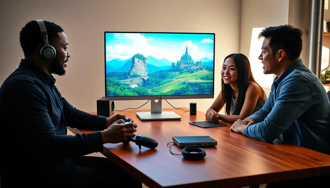 team discussing a classic Zelda game using an emulator at a modern desk.