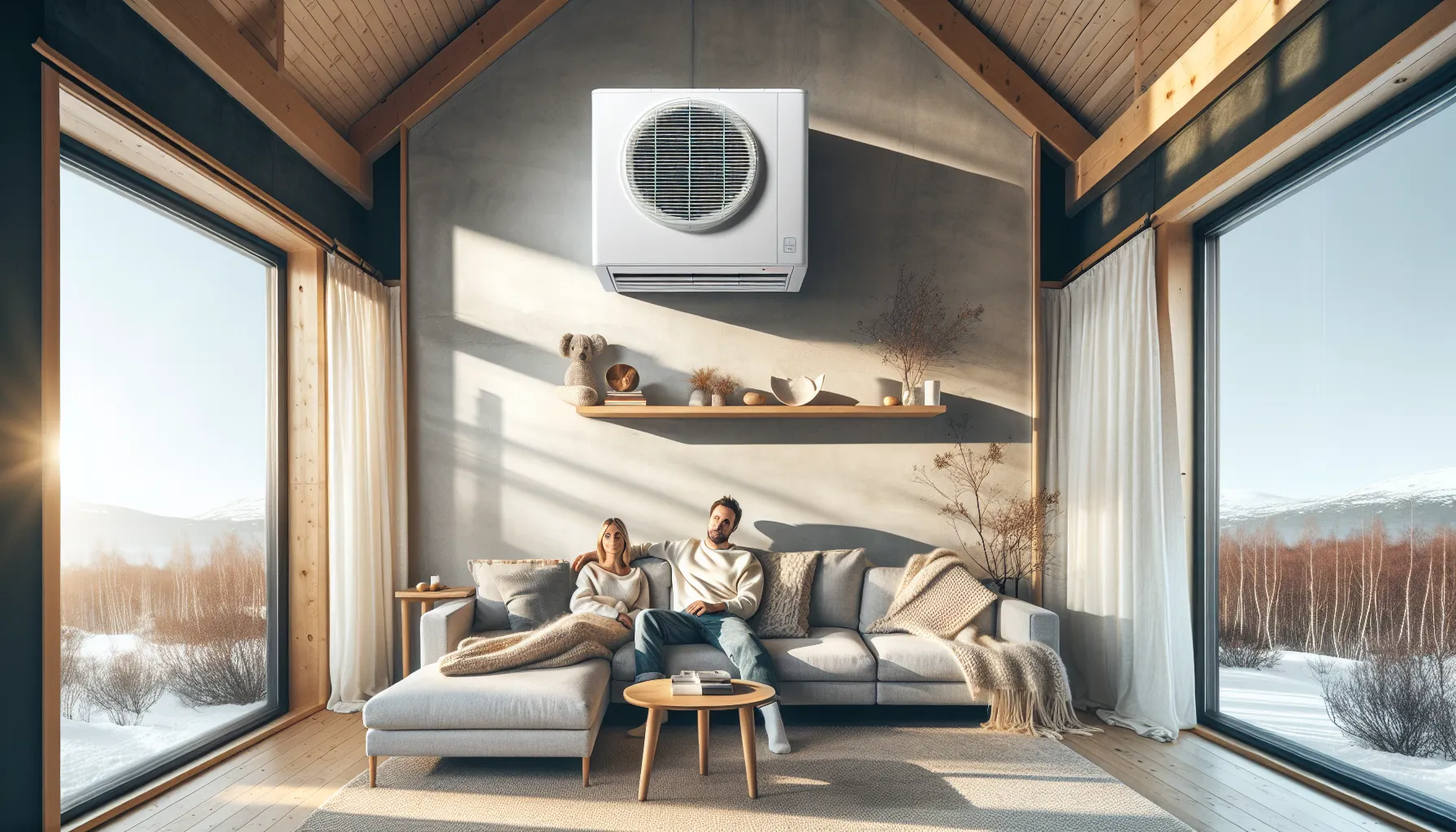 Norwegian living room with centrally placed wall heat pump creating comfortable indoor climate.