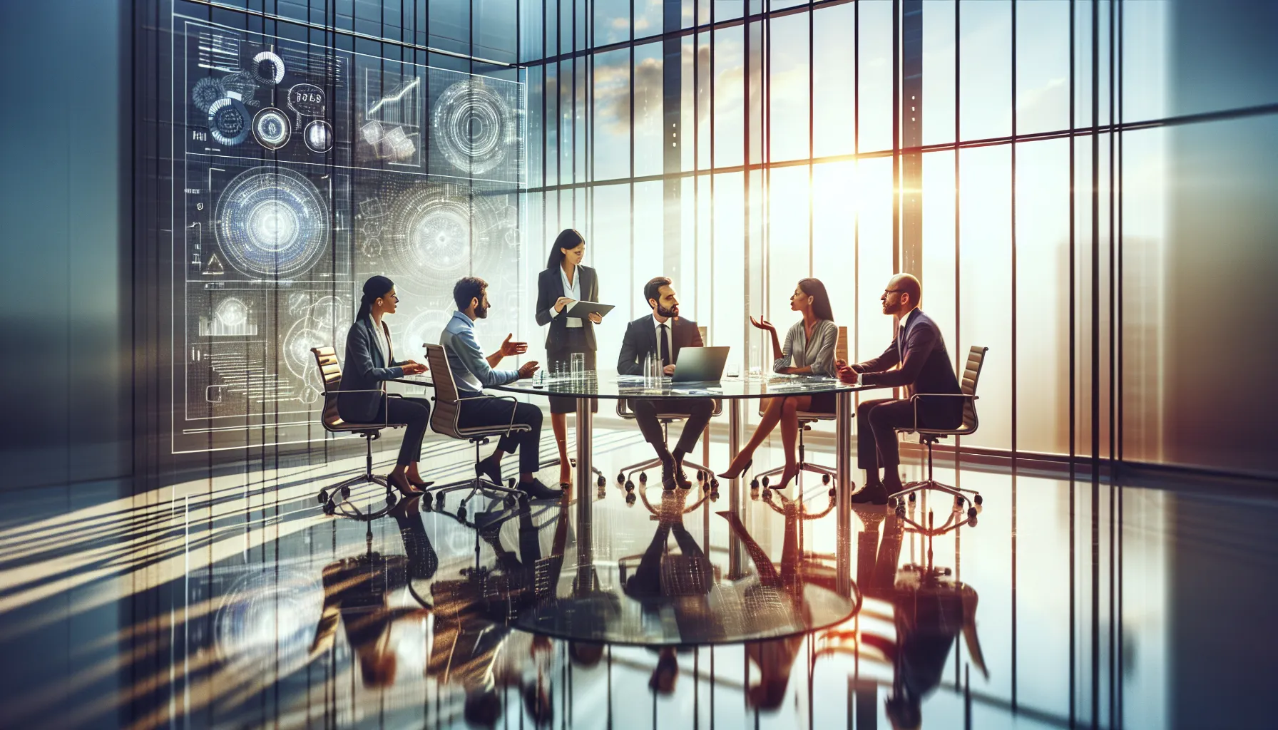 diverse team discussing technology in a modern office setting.