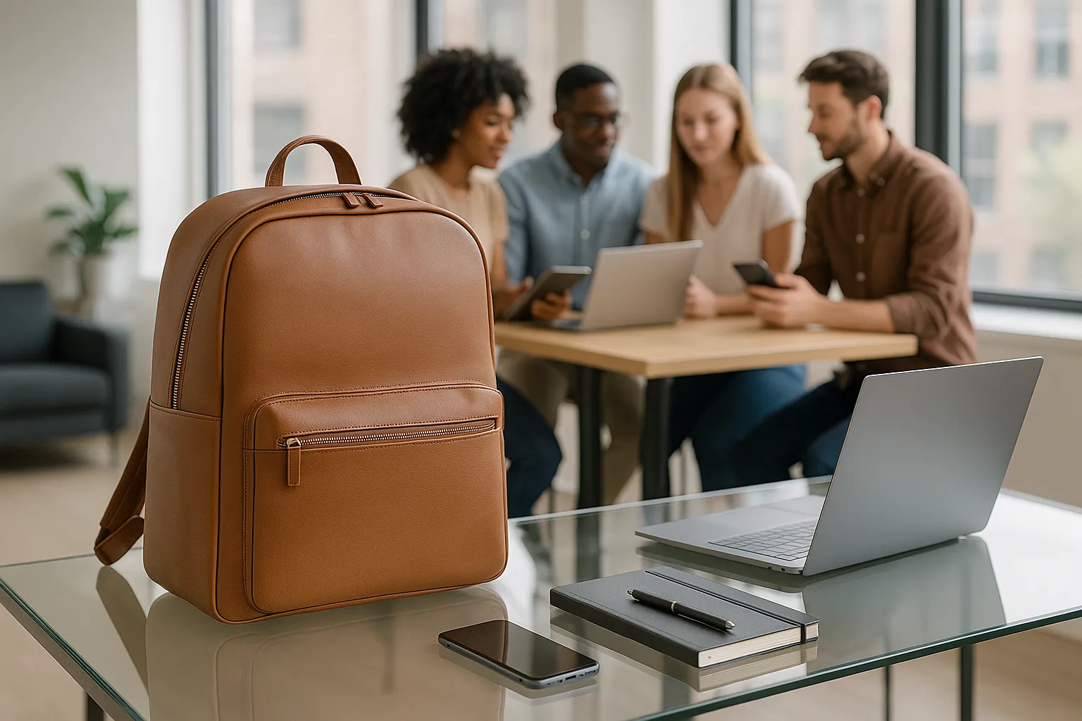 Leather backpack on desk in a modern office with young professionals.