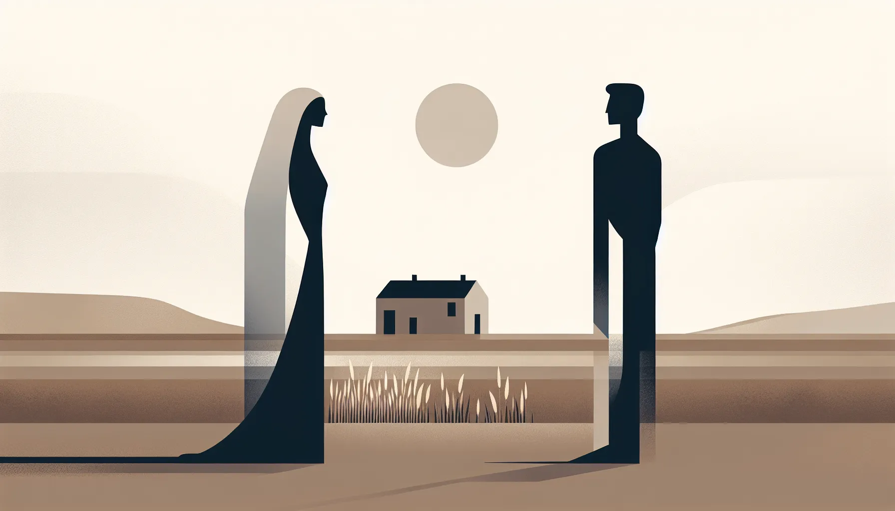 Two silhouetted figures standing together on an empty plain with distant farm.