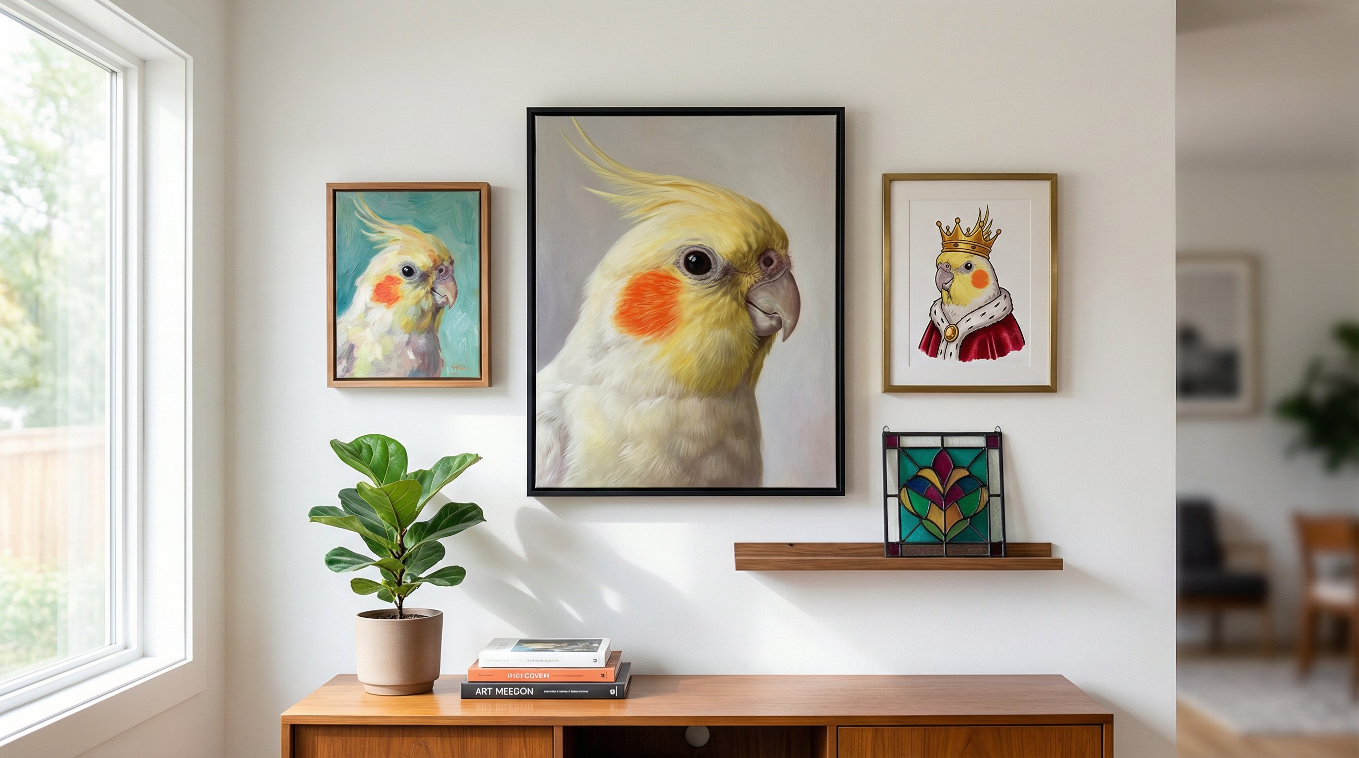 Gallery wall displaying multiple cockatiel portraits in different artistic styles in a bright living room.