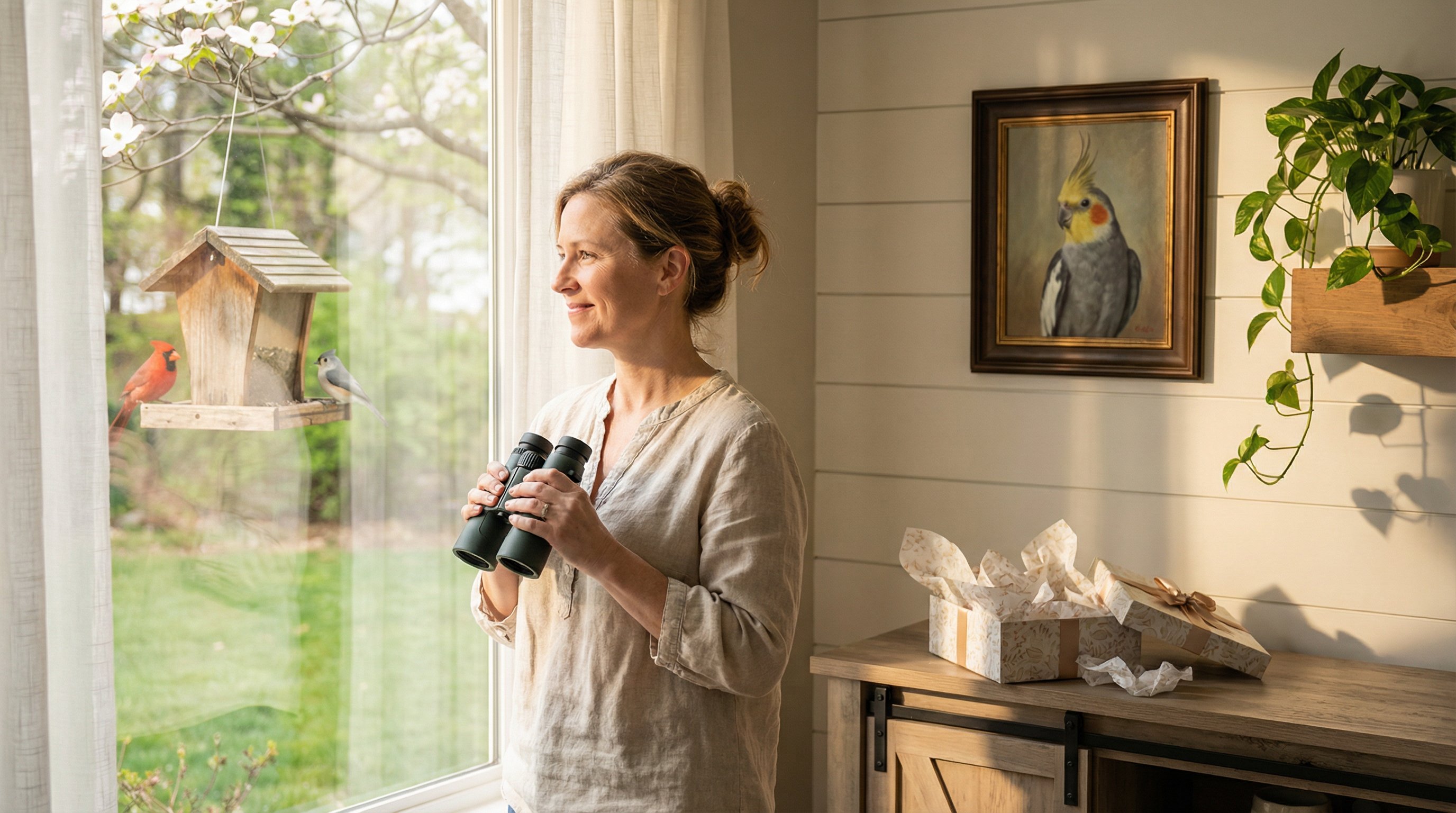 Woman admiring bird art and backyard feeder on Mother's Day morning.
