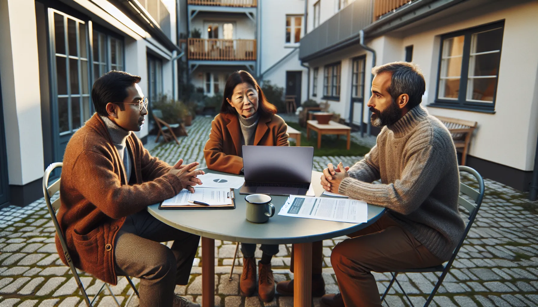 Neighbors and a realtor calmly negotiate at a courtyard table with written notes.