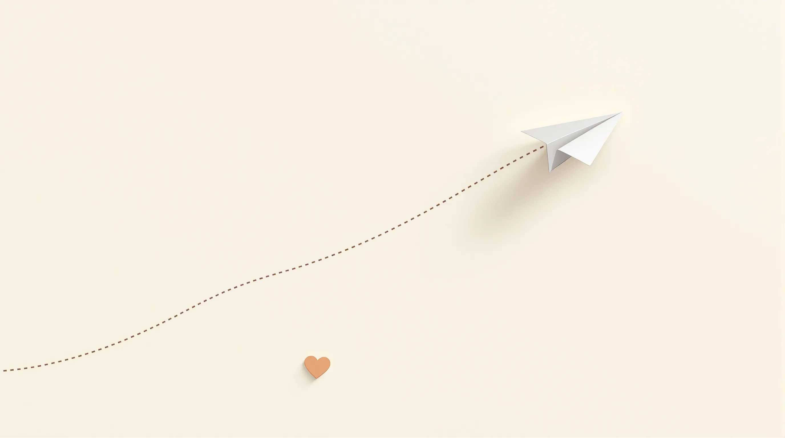 Paper plane flying across empty background with dotted path and small heart symbol.