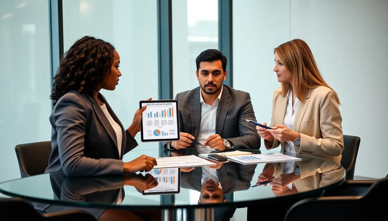diverse financial professionals discussing debt solutions in a modern office.
