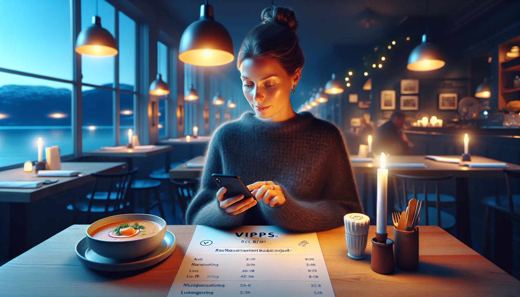 Friends share an early-bird meal, checking deals and splitting the bill with vipps.