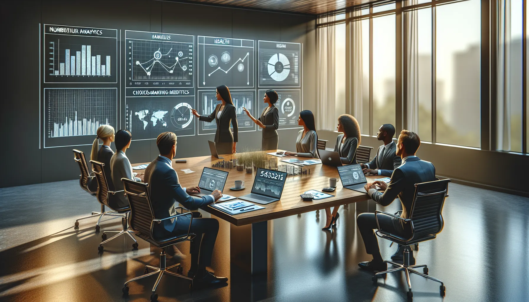 professionals discussing data impact in a modern office setting.