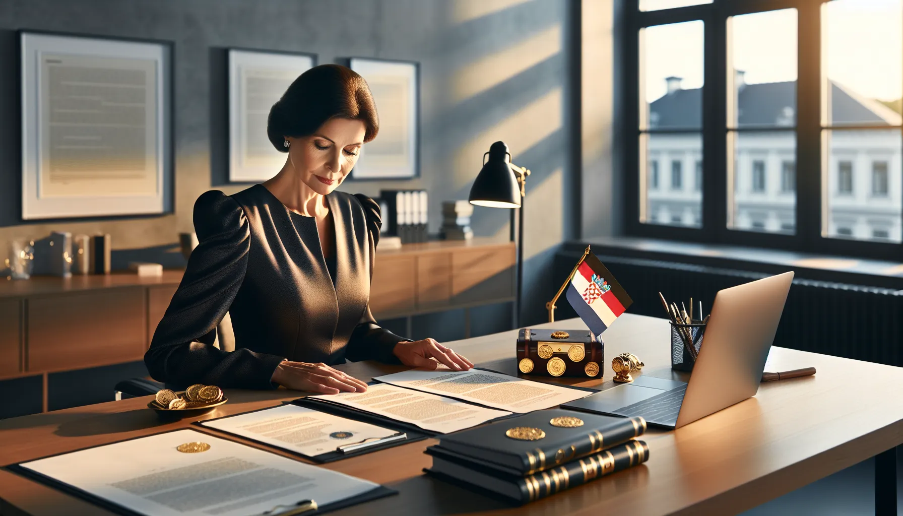 Croatian woman reviewing German pension inheritance documents in professional legal office setting.