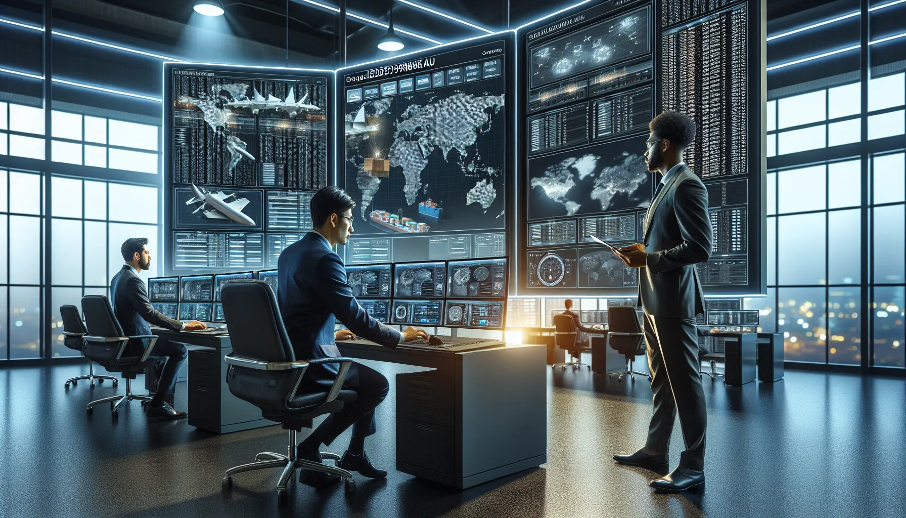 diverse professionals tracking logistics in a modern control room.