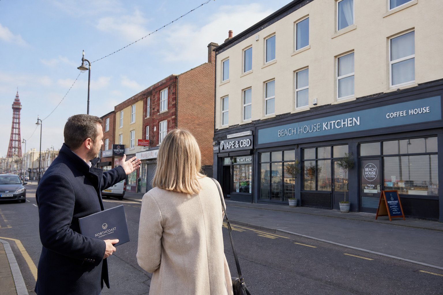 Commercial Mortgage Brokers Blackpool for Purchase and Refinance 9 Broker and client viewing a mixed-use commercial property on a Blackpool street.