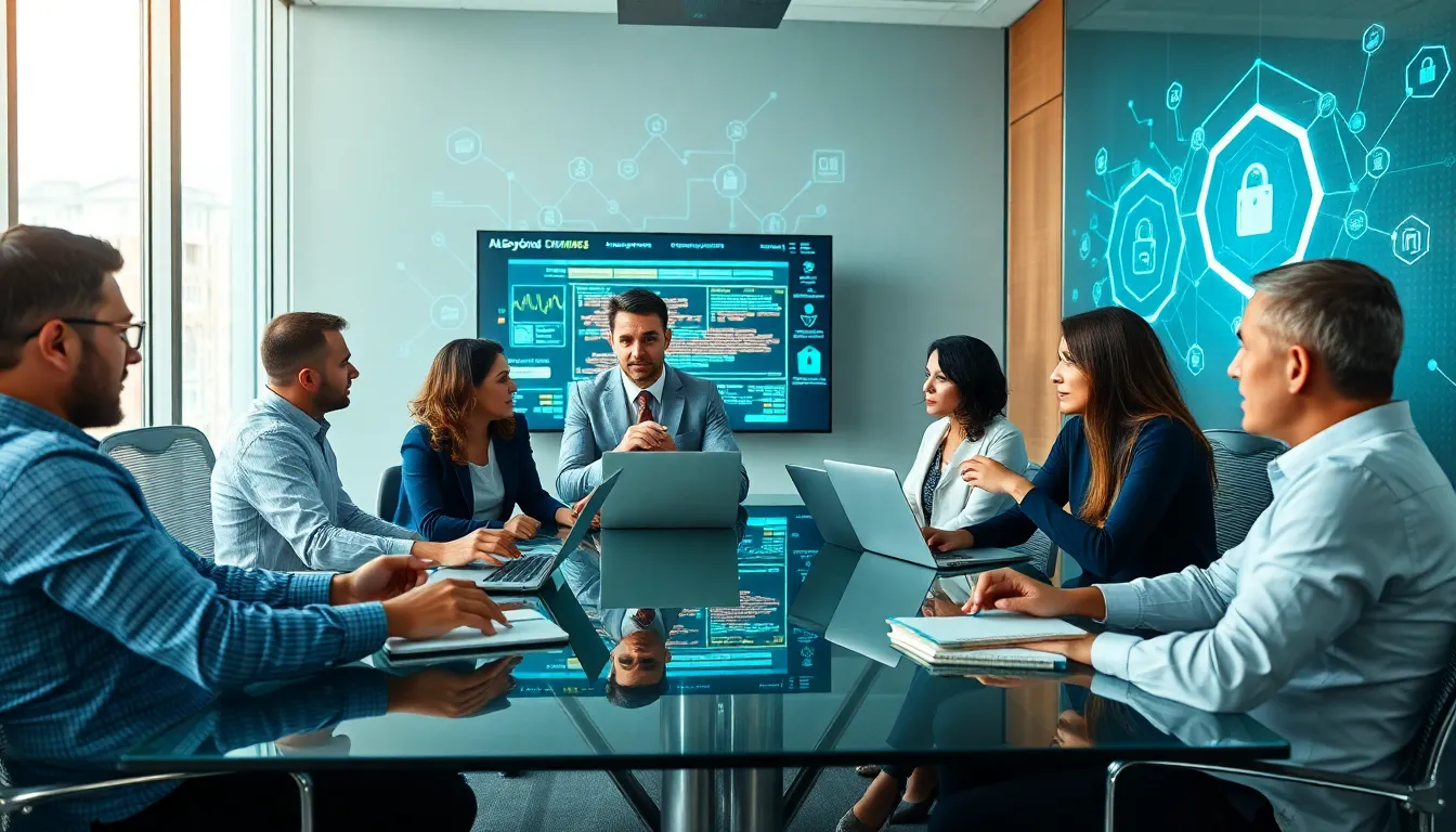 diverse team collaborating on cybersecurity strategies in a modern office.