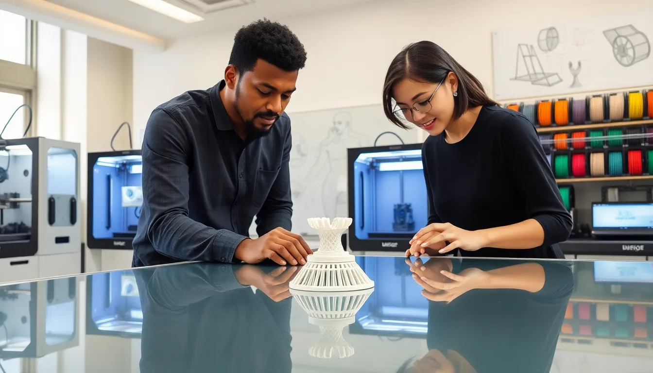diverse team examining a 3D printed object with visible brim.