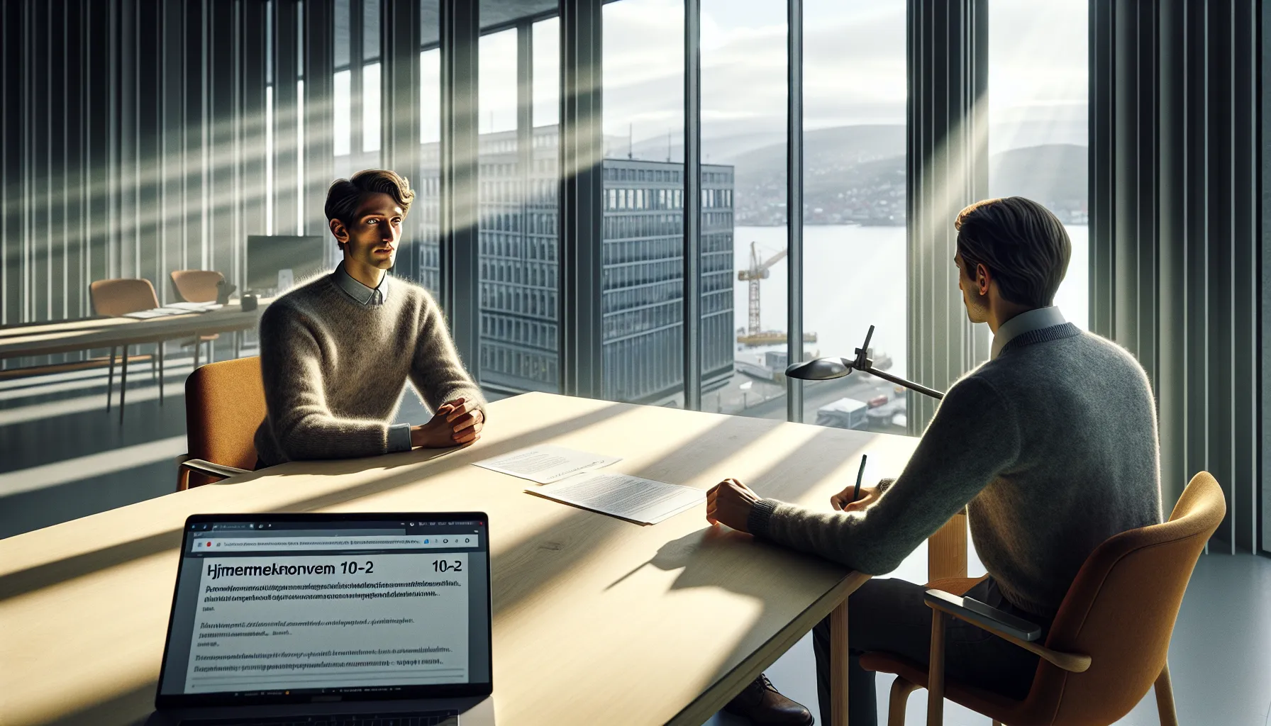 Employee and manager discuss norwegian flexible work and home office agreement at office table.
