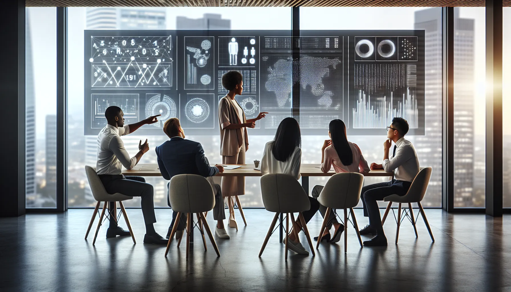 diverse professionals discussing the significance of numbers in a modern office.