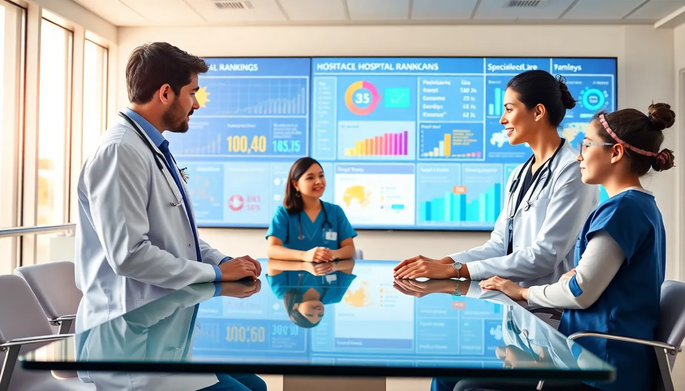 healthcare team discussing pediatric hospital rankings in a modern setting.