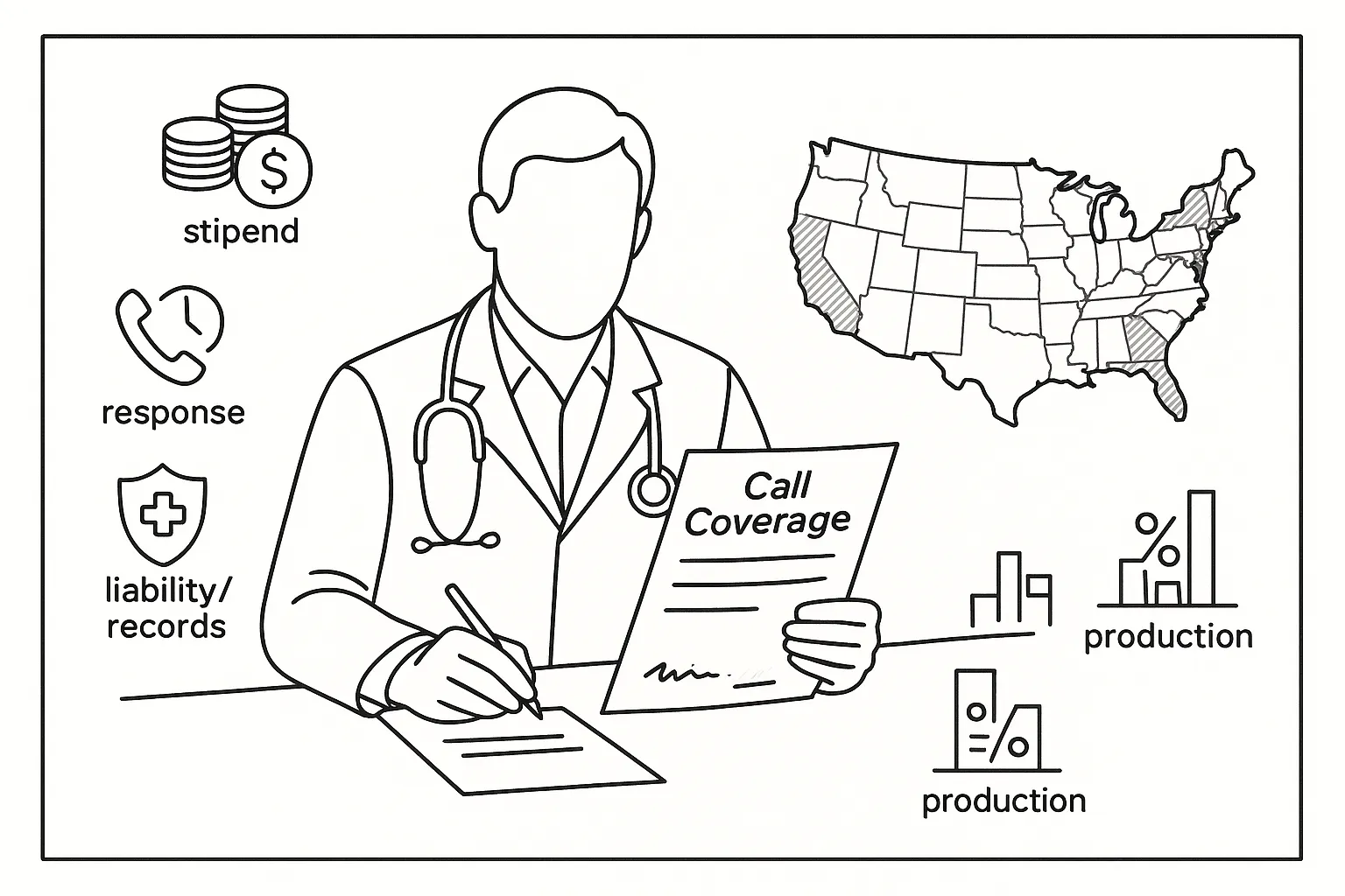 Veterinarian reviewing a call‑coverage contract with pay, time, liability, and map icons.