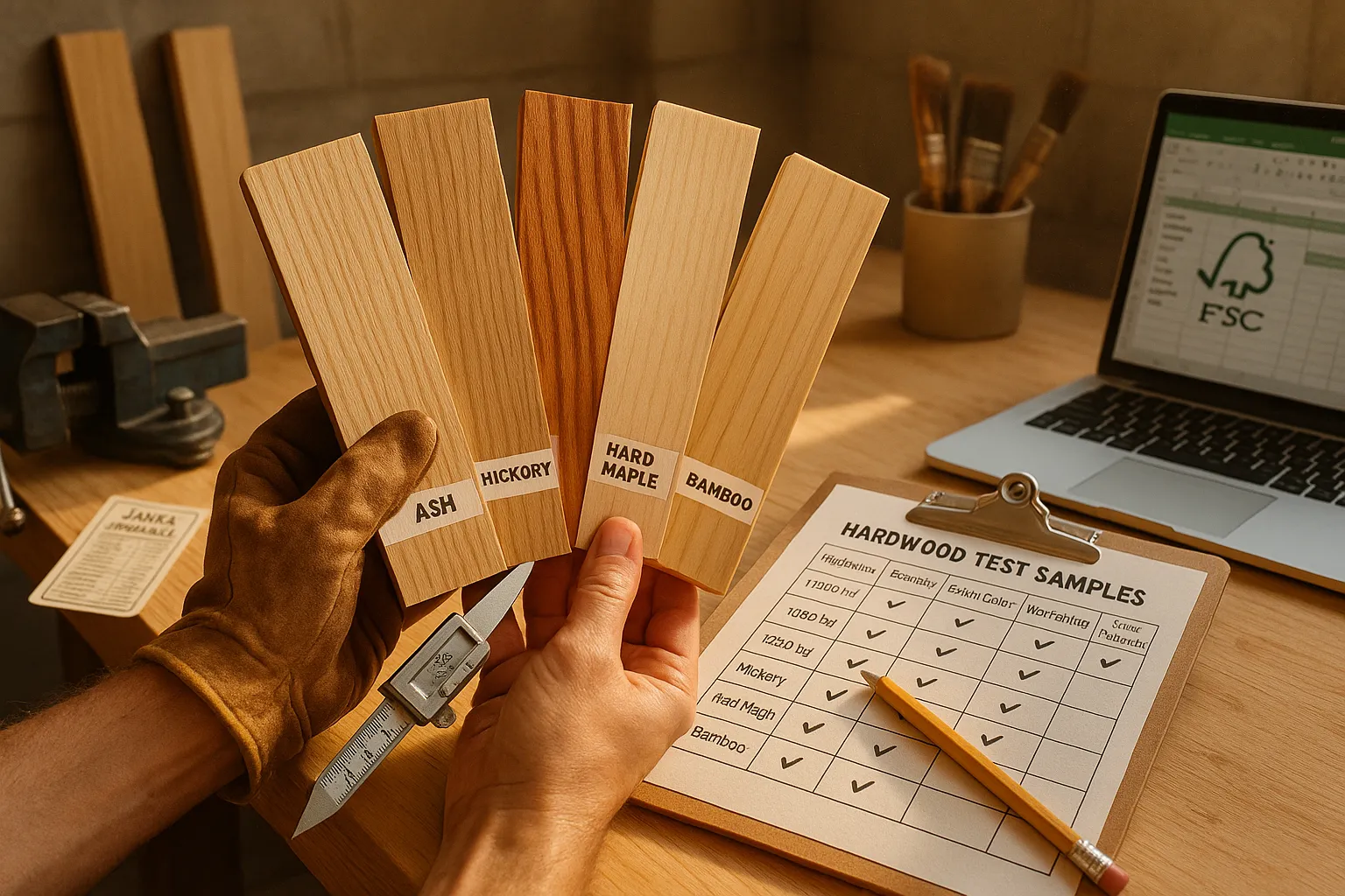 hands comparing labeled wood samples with a checklist on a sunlit workbench