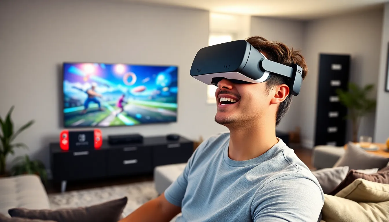 gamer using a Switch VR headset in a modern living room.