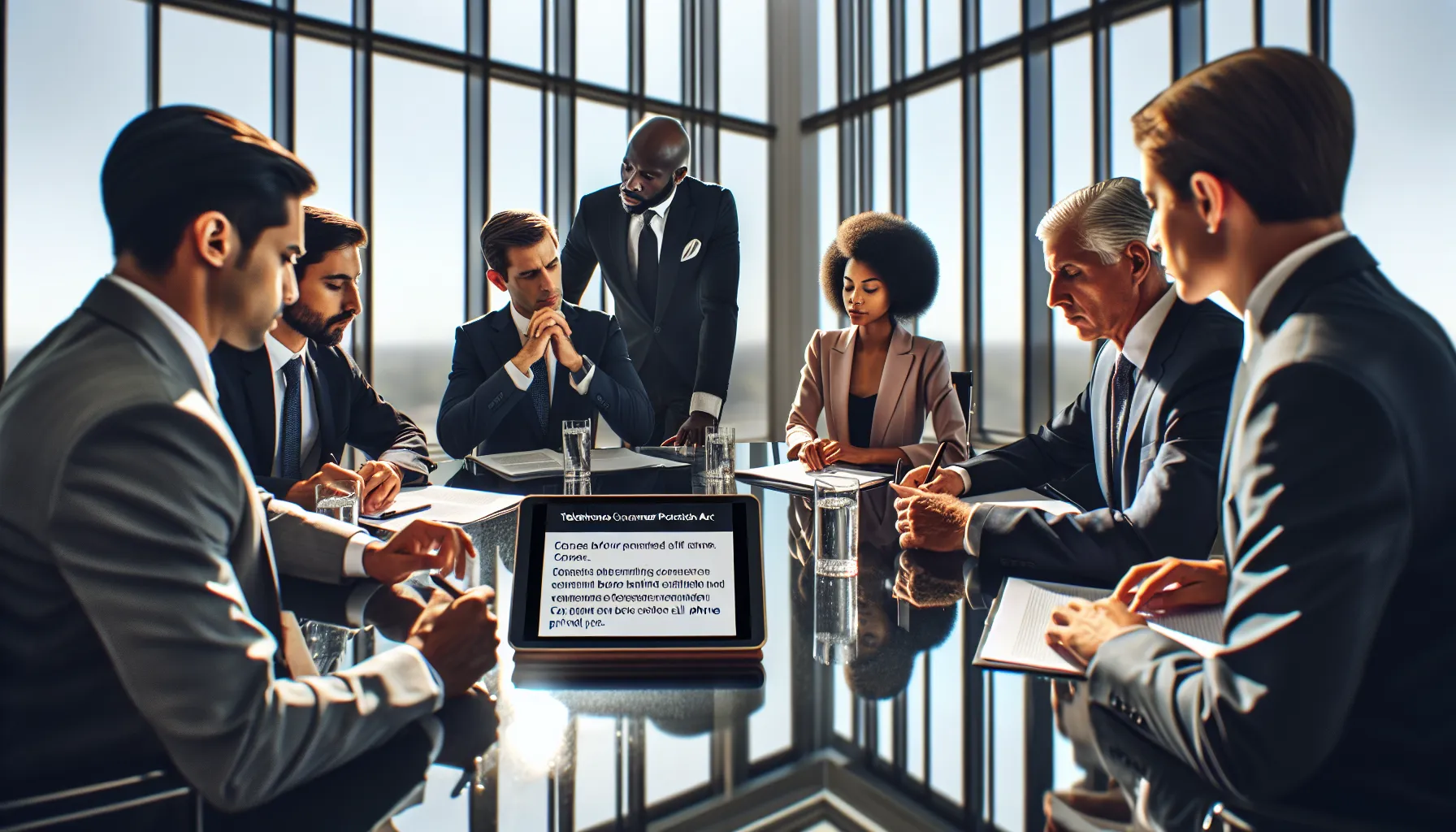 diverse legal team discussing phone privacy regulations in a modern setting.