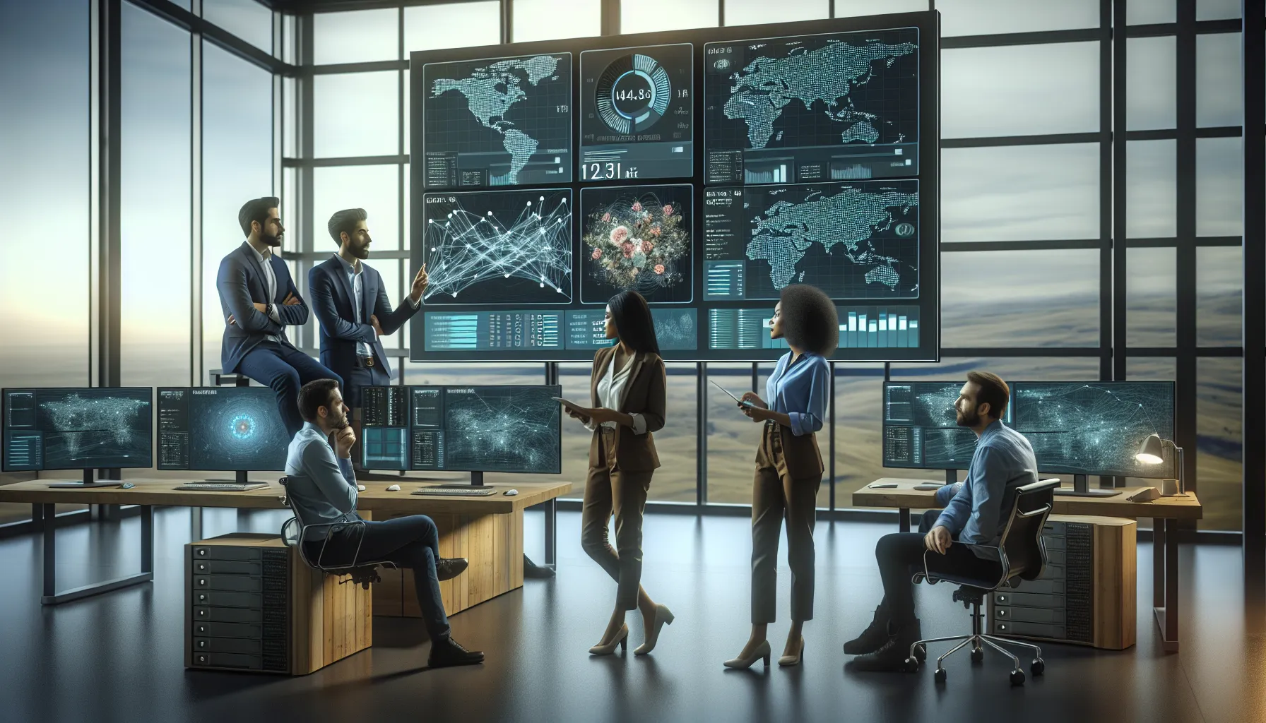 IT professionals monitoring network activity in a modern operations center.