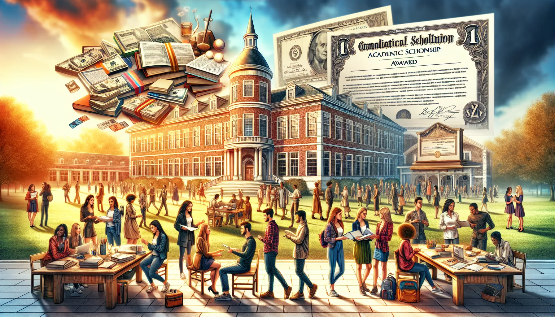 A college campus with representations of grants and scholarships.