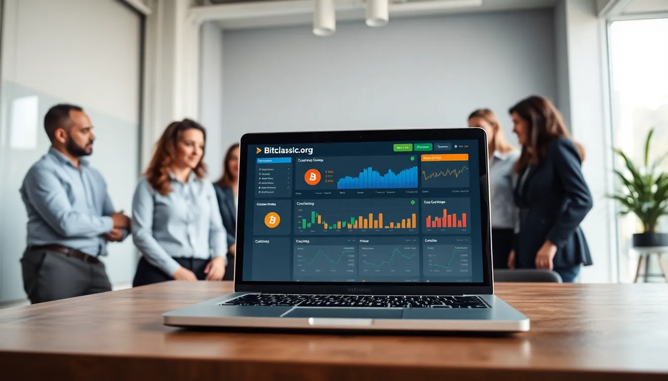 professionals collaborating over the Bitclassic.org cryptocurrency platform.