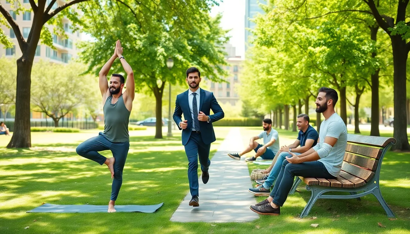 diverse men engaging in wellness activities in a modern park.