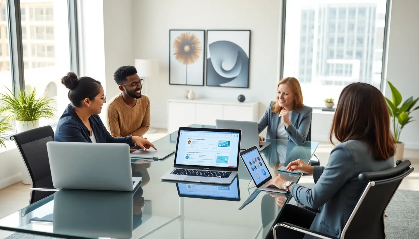 professionals collaborating on app management in a modern office.